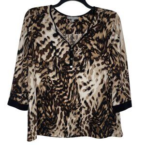NY Collection Womens Animal Print Blouse Size XL V-Neck 3/4 Sleeves